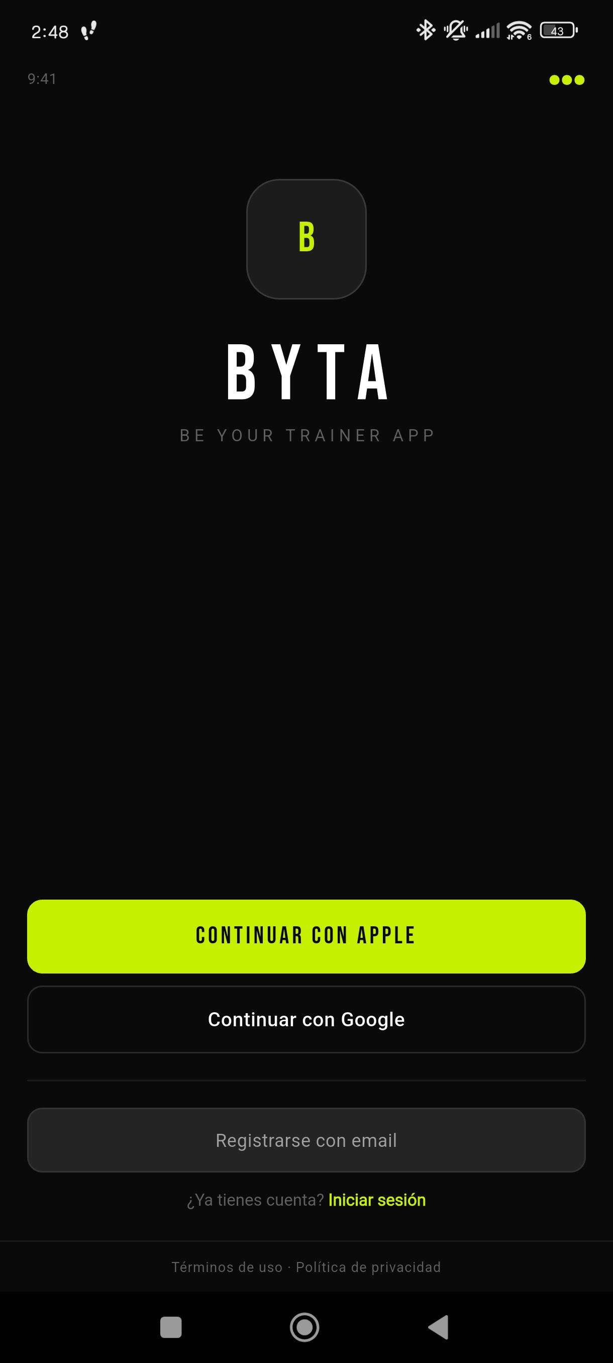 BYTA App — Pantalla de inicio